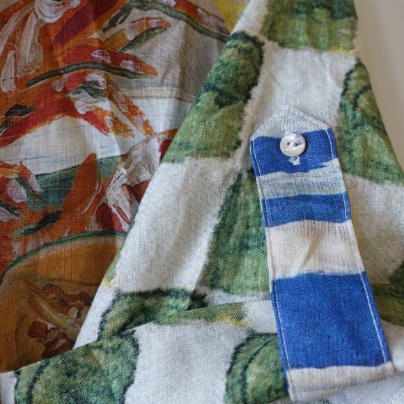 Australian inspired Tropical fish fruit shrimp melon oranges linen shirt 2 - Picture 7 of 12